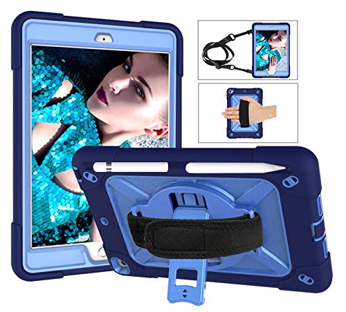 Case for iPad Mini 1 / iPad Mini 2 / iPad Mini 3 - Triple Layer Ultra Hybrid Shockproof Case with Pen Holder & Shoulder Strap & 360° Rotating Stand - (Dark Blue & Blue)