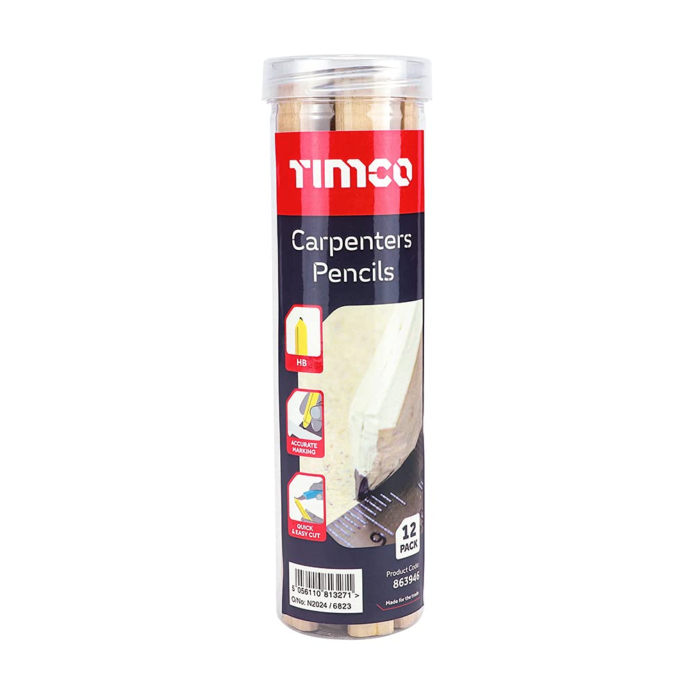 TIMCO Carpenters Pencils -180mm - Rectangular shape to prevent rolling - Broad carpentry pencils - 12 pencils in a tube