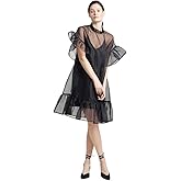 Pristine India Women's Black Organza Mini Dress Sheer Ruffle Sleeve Overlay, High Neck, A-Line Party Dress