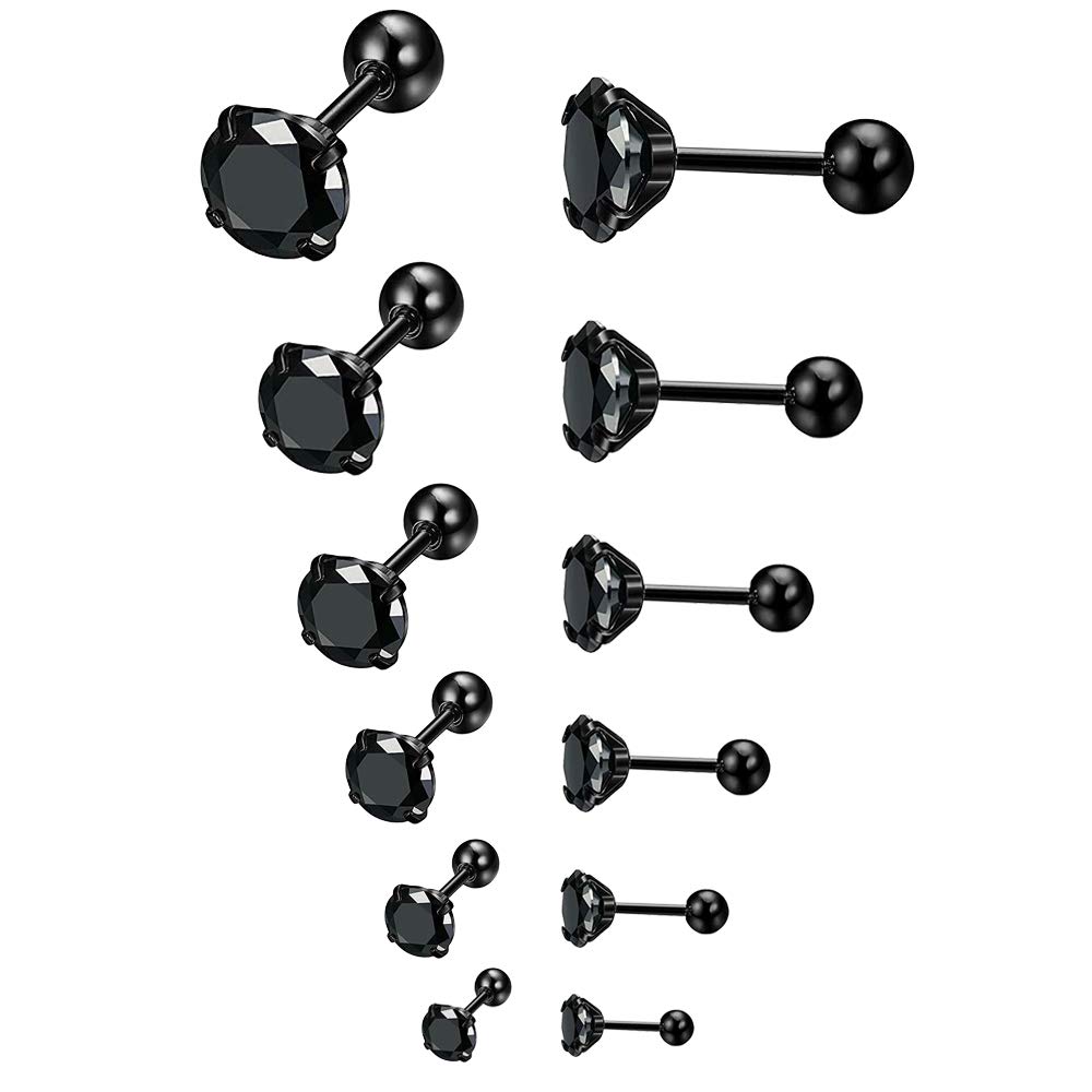 Epoch World 6 Pairs Stainless Steel Black Stud Earrings for Men Women CZ Diamond Cubic Zirconia Earrings 3/4/5/6/7/8MM Hypoallergenic Cartilage Pierced