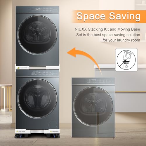 NIUXX Universal Connecting Frame and Base for Dryer and Washing Machine, Adjustable in Size with Ratchet Cable and Transport Wheels with Brake for Washing Machines and Dryers, Space Saving