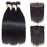 Riverwood Straight Virgin Hair 3 Bundles With Lace Frontal Closure Free Part 100% Unprocessed Remy Human Hair Extensions Hair Weft Weave With Lace Closure Natural Color