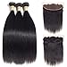 Riverwood Straight Virgin Hair 3 Bundles With Lace Frontal Closure Free Part 100% Unprocessed Remy Human Hair Extensions Hair Weft Weave With Lace Closure Natural Color