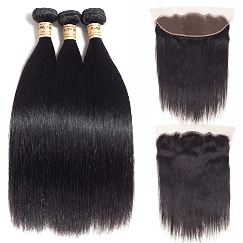 Riverwood Straight Virgin Hair 3 Bundles With Lace Frontal Closure Free Part 100% Unprocessed Remy Human Hair Extensions Hair Weft Weave With Lace Closure Natural Color