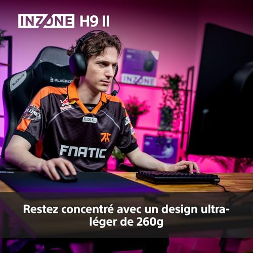 INZONE H9 II - Casque Gaming PC sans Fil à réduction de Bruit Sony, léger, Micro cardioïde IA détachable, 2,4 GHz et Bluetooth, Housse Souple, pour PC, PS5, Switch et Mobile, Noir
