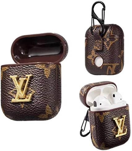 Airpods 1&2 Case,Luxury Leather Shockproof Airpod 2 Cover Carabiner,Wireless Headphone Designer Fashion Fun Cool Keychain Design Skin Protective Cases Ring for Girls Man Woman Air pods