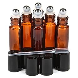 6, Amber, 10 ml Glass Roll-on Bottles with Stainless Steel Roller Balls - .5 ml Dropper included
