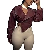 ZUAVIALA Women Faux Leather Jacket Long Sleeve Button Lapel V-Neck Irreguar Crop Jacket Lightweight Outwear Fall Women Coat