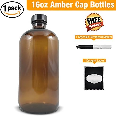 Empty Amber Glass Bottle-Large 16 oz Refillable Container for Storing Chemicals, Shampoo, Conditioners, Soaps, Cleaning Products, Essential Oils, and Aromatherapy-Black Caps-1 Pack Bonus Free Extras