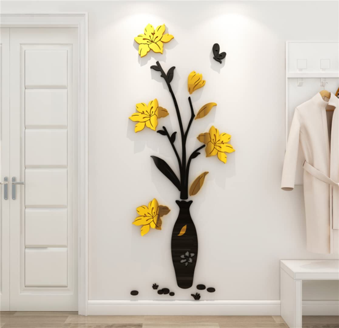 3D Flowers Wall Stickers Vase Mirror Wall Murals DIY Art Home Decor Decal Wallpaper for Living Room Bedroom TV Background Romantic Decoration Sticker