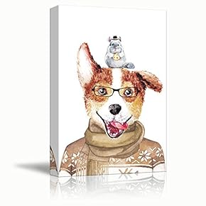 Dogs Series Canvas Wall Art - Funny Painting of Mr Dog and His Friend Mr Hamster - Giclee Print Gallery Wrap Modern Home Art Ready to Hang - 12x18 inches