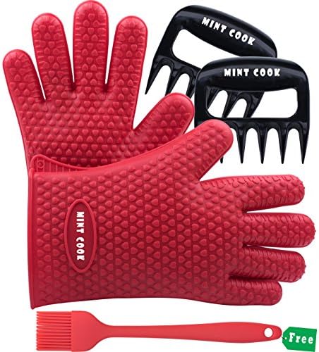 Mint Cook BBQ Silicone Gloves and Barbecue Pulled Pork Claws Set, Heat Resistant Grilling Oven Gloves Mitts with Meat Shredder and Silicone Basting Brush for Cooking, Grilling, Baking (Red)