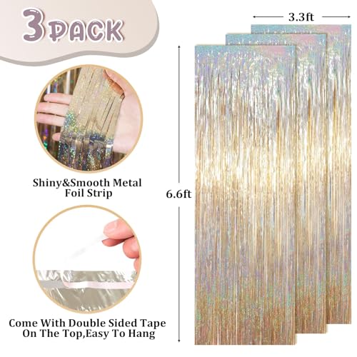 3 Pcs Champagne Gold Tinsel Curtain Backdrop, Tinsel Streamers Party Decorations, Fringe Backdrop for Birthday, Champagne Foil Fringe Backdrop Curtains for Anniversary Wedding Supplies (3.28 x 6.56 ft