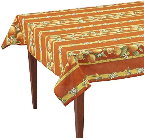 Citrons Orange Striped Rectangular French Tablecloth, Coated Cotton, 61 x 118 (8-10 people)