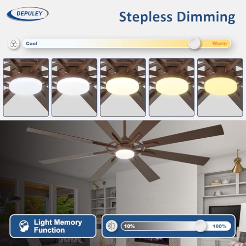 Depuley Large Ceiling Fans with Lights: Modern 72 Inch 8 Blade Outdoor Ceiling Fan with Remote APP Control - Dimmable Brown Big Fan Light Indoor Reversible 6 Speed Quiet DC Motor