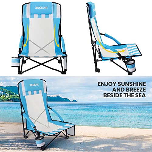 XGEAR Beach Chair Low Seat Beach Chair for Adults High Back Camping Chair with Cup Holder Blue