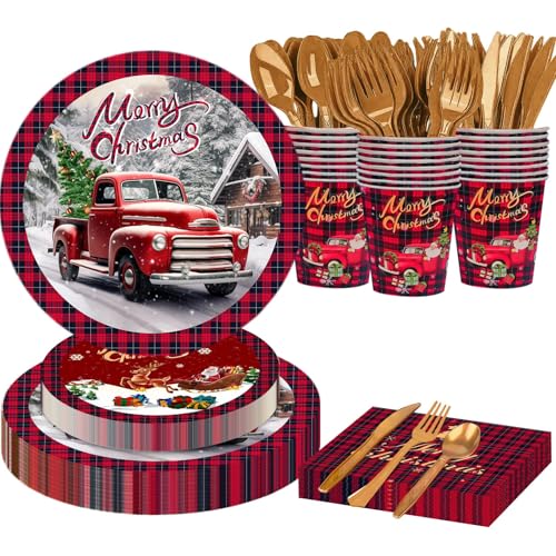 168 Pcs Christmas Disposable Dinnerware Set Xmas Tree Santa Claus Truck Red Plaid Christmas Party Supplies Paper Dinner Dessert Plates Napkins Cups with Knife Fork Spoon for Xmas Holiday Housewarming at Amazon