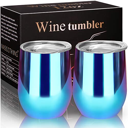 MASCOTKING Wine Glasses Tumbler - 12 oz 2 Pack - Double Wall Vacuum Insulated Cup with Lids for Keeping Wine, Coffee, Drinks - Beverage Warm in Winter (2PACK 12oz, Colorful) - Thumbnail 7