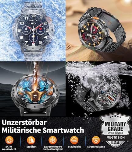 ESFOE Men's Smart Watch, 1.43 inch AMOLED Smartwatch Military Man with LED Flashlight/530mAh/5ATM Waterproof/Calls/120 Sports Modes/Heart Rate Monitor/Pedometer Android iOS Black