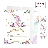 EXIJA 25 Pack Glitter Unicorn Invitations with 25 Envelopes and 40 Unicorn Stickers, Unicorn Party Supplies, Unicorn Party Invitations for Girls Boys Kids Birthday