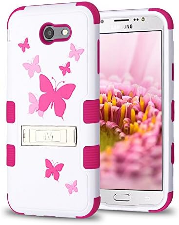 Samsung Galaxy J7 Prime / J7 V / J7 Perx / J7 Sky Pro / J7 2017 Case, Design Hybrid with Kickstand, Heavy Duty Polycarbonate and TPU Hard Cover with Film Screen Protector and Stylus - Butterflies