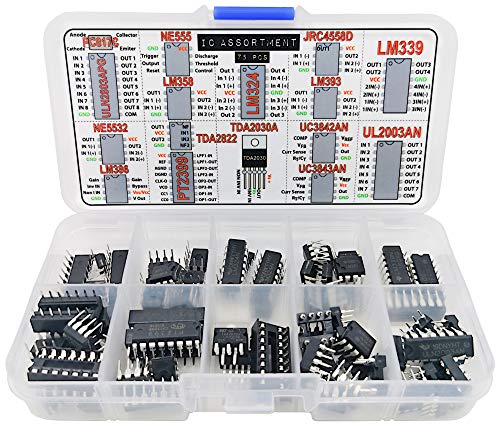 IC Assortment Box 75 pcs, PC817c, NE555, LM358, LM324, JRC4558D, LM393, LM339, NE5532, LM386, PT2399, TDA2822, TDA2030A, UC3842AN, UC3843AN, ULN2803APG, ULN2003AN and Sockets