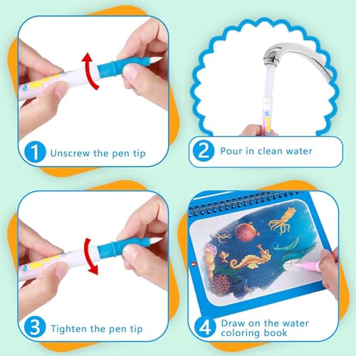 DMG 4 Pack Cartoon Water Coloring Magic Book With Water Pen, Toddlers Kids Reusable Painting Unicorn Animal Cartoon Coloring Book Boys Girls Educational Learning Toys Gifts