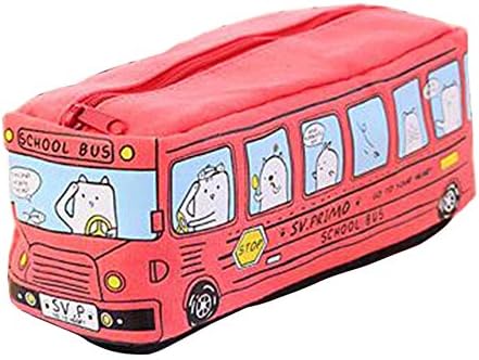 Kawaii Creative Pencil School Bus Case, Large Capacity Animal Cartoon Canvas Pencil Bag School Box (Red)