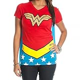DC Comics Wonder Woman Glitter Juniors Red V-neck Tee (Small)