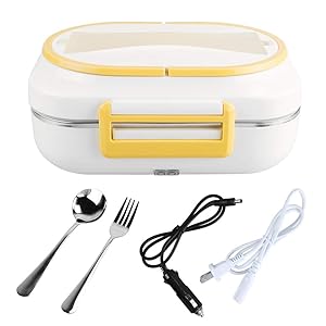 LOHOME Electric Heating Lunch Box Car Home Office Use Food Warmer Portable Bento Meal Heater with Stainless Steel Container 110V and 12V Dual Use (Yellow)
