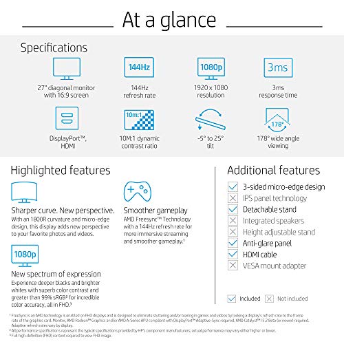 HP 27-inch Curved 144hz Gaming Monitor with AMD Freesync Technology ...