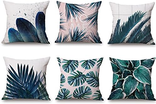 Set of 6 Throw Pillow Covers Cotton Linen Green Plant Cushion Cover Square Pillowcase for Couch Sofa Home Decor 17.7x17.7 Inch