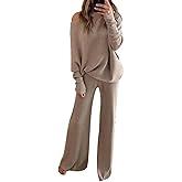 Linsery Womens 2 Piece Outfits One Shoulder Knit Sweater Pullovers Wide Leg Pants Sets Sweatsuit Tracksuit