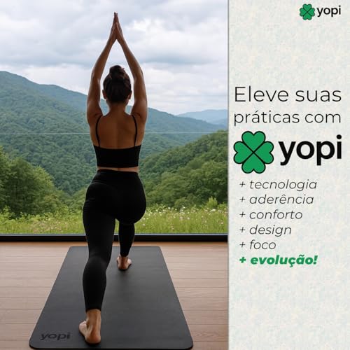 Tapete de Yoga, Preto, TPE Ecológico, 183 x 61 x 0,6 cm, Texturizado, Impermeável, Resistente ao Suor, com Alça de Transporte, Grande, 6mm de espessura, Ioga, Pilates, Yopi