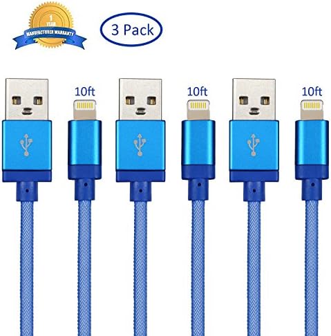 NEXCABLE 3 Pack 10FT Extra Long Nylon Braided Lightning to USB Charging and Sync Cable Cord Charger Compatible with iPhone 7/7 plus, iPhone 6/6s/6 plus/6s plus, 5c/5s/5, SE, iPad /iPod(Blue)