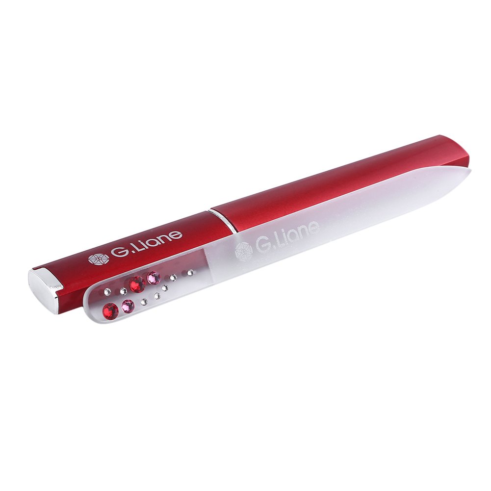 G.Liane Glass Nail File with Genuine Qualified Crystals in Case Professional Manicure Pedicure Tool for Natural Acrylic Gels Nails (Red Bubble)