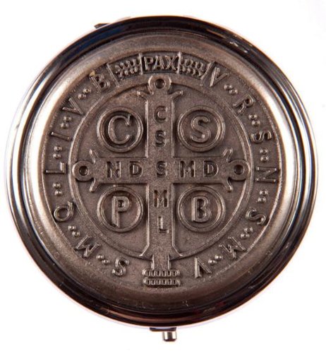Pyx for Holy Communion Hosts 6.5 cm diameter x 2 cm deep. Eucharistic Minister Pyxes. Travelling Pyx.St Benedict Deisgn on Lid for Holy Communion. Saint Benedict Cross Design