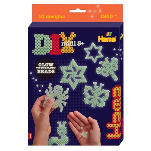 Hama Perlen 3414 Geschenk-Set Nachtleuchtend mit ca. 1.500 Midi Buegelperlen mit Durchmesser 5 mm, Motivvorlage und 3 Stiftplatten, inkl. Buegelpapier, kreativer Bastelspass fuer Gross und Klein