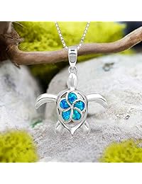 Honolulu Jewelry Company - Collar con colgante de tortuga de plata de ley con flor de ópalo azul simulado, cadena de 17.7 in