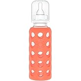 Lifefactory 9-Ounce Glass Baby Bottle with Stage 2 Nipple and Protective Silicone Sleeve Papaya (LF110019C4)