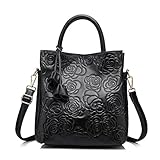 Designer Genuine Leather Handbag Women Tote Bag Floral Embossed Shoulder Bag by Realer(Black)