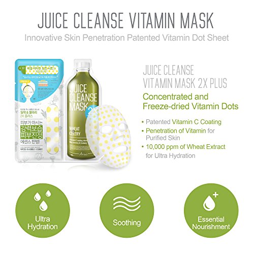 Ariul Natural Facial Face Sheet Mask Pack, Juice Cleanse Mask [2X Plus] Multipack of 5 Skin Cleansing Detox Face Masks - Natural Wheat & Celery for Soothing, Calming, Nourishing & Ultra Hydration
