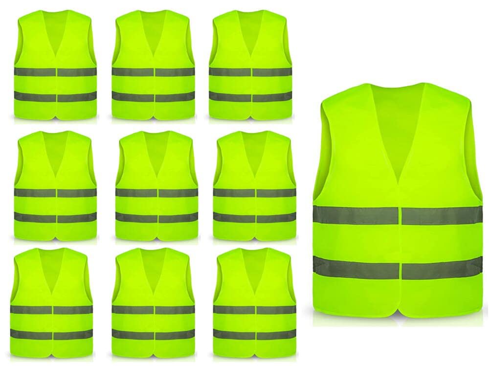 Hitopin 10PCS Safety Vests, Reflective High Visibility Hi Vis Jacket with 2 Strips, for Traffic Work, Running, Surveyor and Security Guard (Universal Size), Yellow
