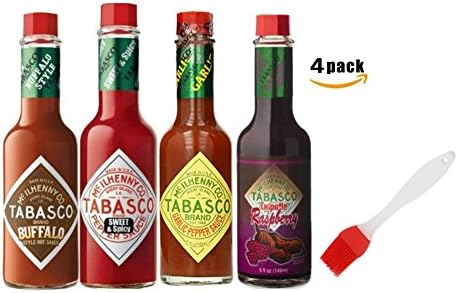 Tabasco - Raspberry Chipotle, Sweet and Spicy, Garlic Pepper, and Buffalo Sauce 4 pack with Basting Brush Set