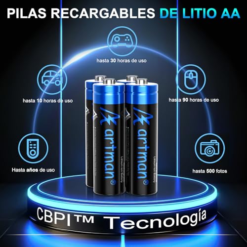Artman Paquete de 12 Pilas Recargables de Litio AA con Cargador de 12 Ranuras, 3600mWh y 1,5V Baterías de Litio AA para Blink Outdoor Cámara, Pilas Recargables Double A con Más de 2000 Ciclos (Negro)