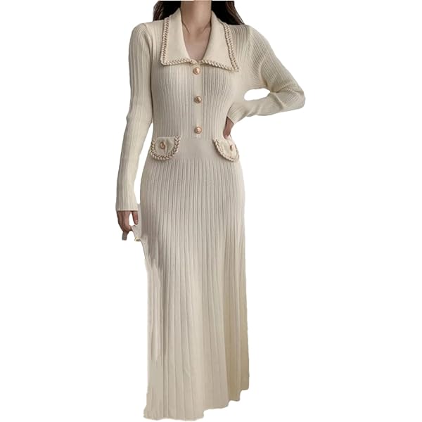 chouyatou Women's Fall Gold Button Formal Cocktail Sweater Dress