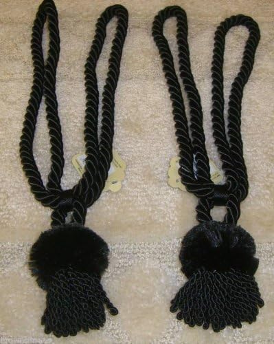 Classic Touch Set of 2 Rope Cord Curtain TIEBACKS with Tassel, Black