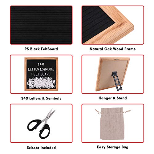 Felt Letter Board, 10 x 10 Oak Frame Changeable Letter Board, Letter Board with 340 Letters, Emojis, Icons and Symbols, Canvas Bag Wall Mount and Scissors
