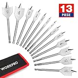 WORKPRO 13-Piece Spade Drill Bit Set in SAE, Paddle Flat Bits for Woodworking,Nylon Storage Pouch Included