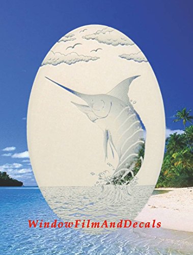 Oval Marlin Etched Window Decal Vinyl Glass Cling - White with Clear Design Elements (15" x 23")